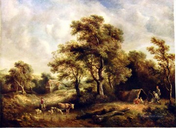 Paysage de Richard Hilder avec des taureaux gitanes Peinture à l'huile